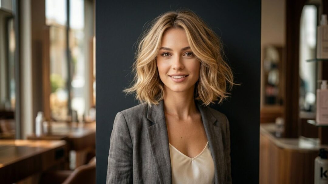 Modella con Soft Airy Bob biondo sabbia che mette in risalto i lineamenti del viso, ambientazione salone professionale moderno.