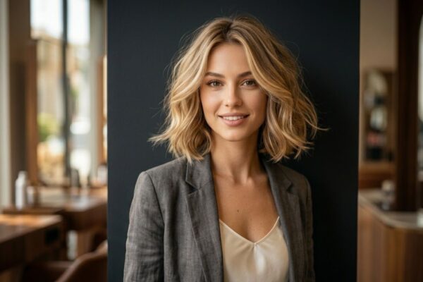 Modella con Soft Airy Bob biondo sabbia che mette in risalto i lineamenti del viso, ambientazione salone professionale moderno.