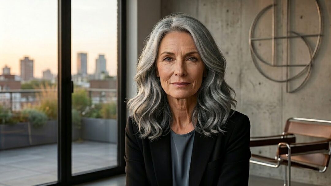 RITRATTO ravvicinato iper-realistico di una donna matura over 50 con viso tondo, capelli grigi voluminosi e mossi in un lob moderno, che guarda direttamente la telecamera. Indossa un blazer nero in un lussuoso ambiente salone con profondità e contrasto tra pareti scure e scaffali in legno.