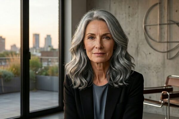 RITRATTO ravvicinato iper-realistico di una donna matura over 50 con viso tondo, capelli grigi voluminosi e mossi in un lob moderno, che guarda direttamente la telecamera. Indossa un blazer nero in un lussuoso ambiente salone con profondità e contrasto tra pareti scure e scaffali in legno.