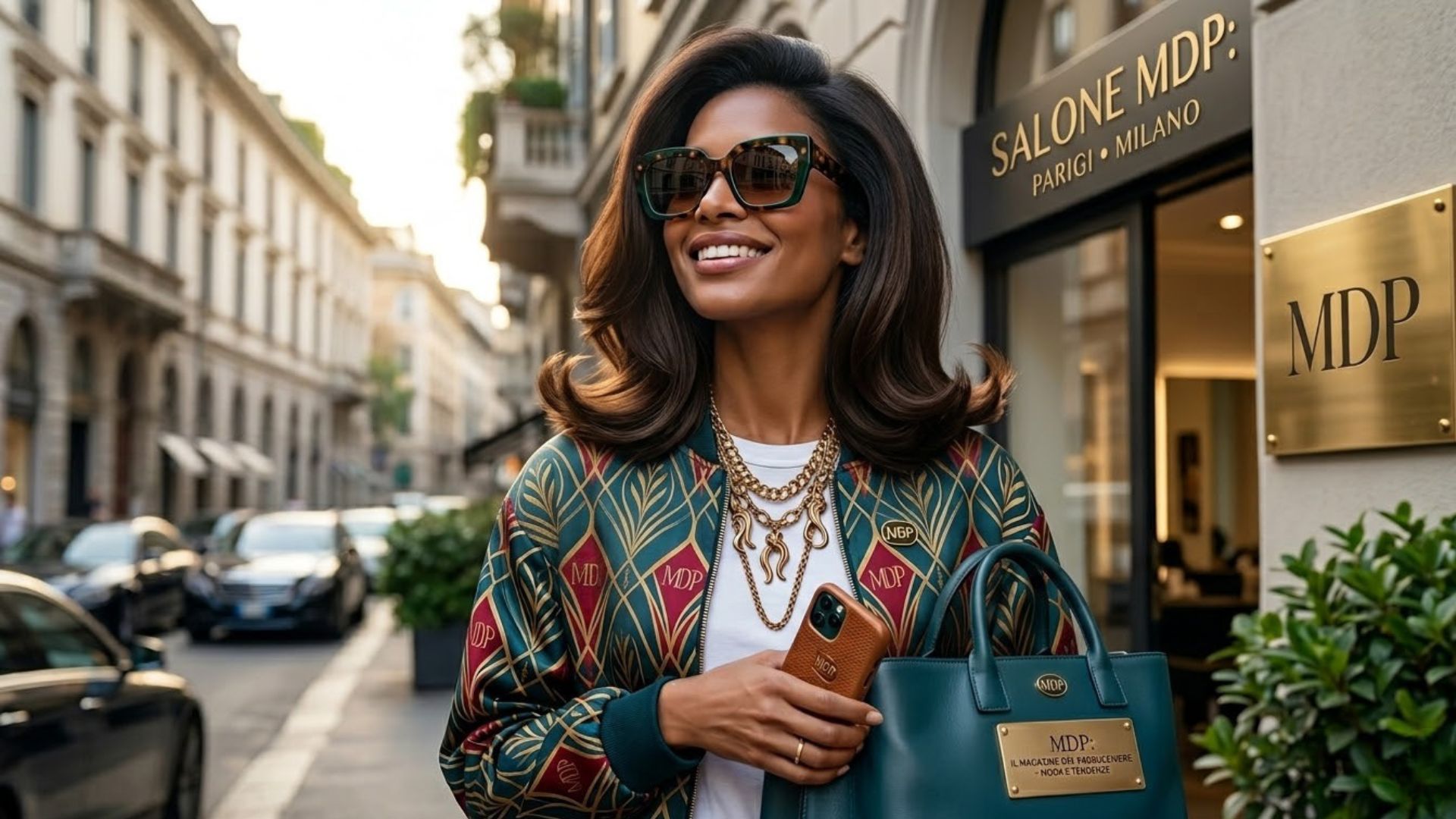 Primo piano iper-realistico di una modella con taglio Midi Flick castano cioccolato, caratterizzato da volume lussuoso alle radici e punte modellate verso l'esterno (flicked ends), in perfetto stile Old Money. Indossa occhiali tartarugati con accento verde e una giacca MDP monogramma, in posa davanti a un salone di lusso.