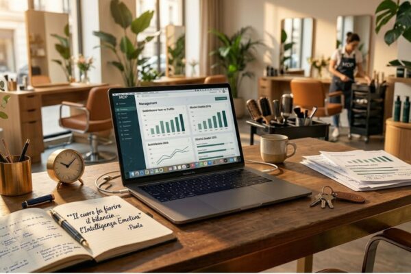 Laptop su una scrivania di legno con grafici gestionali in un salone di bellezza moderno e notebook aperto con citazione sull'intelligenza emotiva.