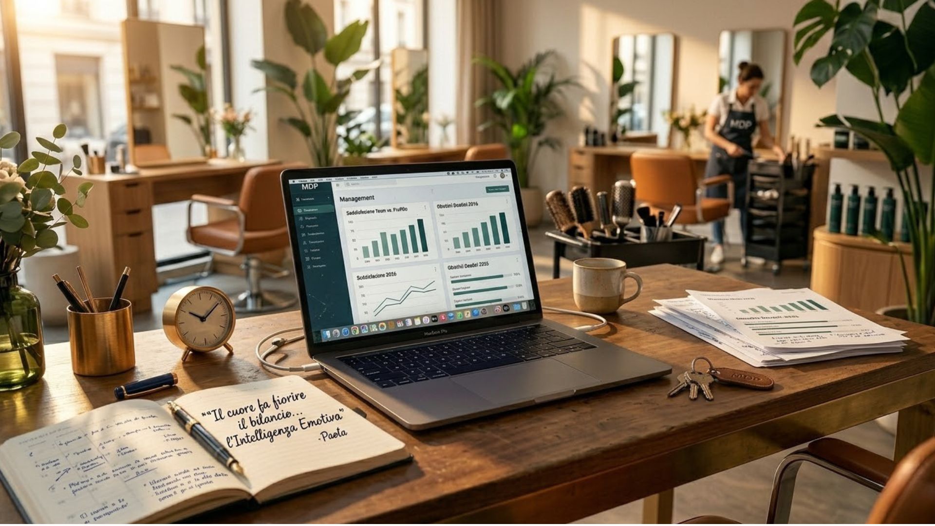 Laptop su una scrivania di legno con grafici gestionali in un salone di bellezza moderno e notebook aperto con citazione sull'intelligenza emotiva.