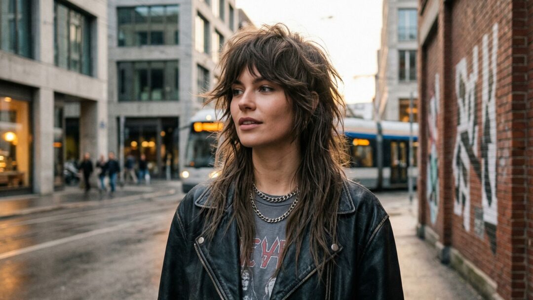 Modella con taglio Wolf Cut 3.0 disconnesso e giacca di pelle nera in una strada urbana al tramonto.