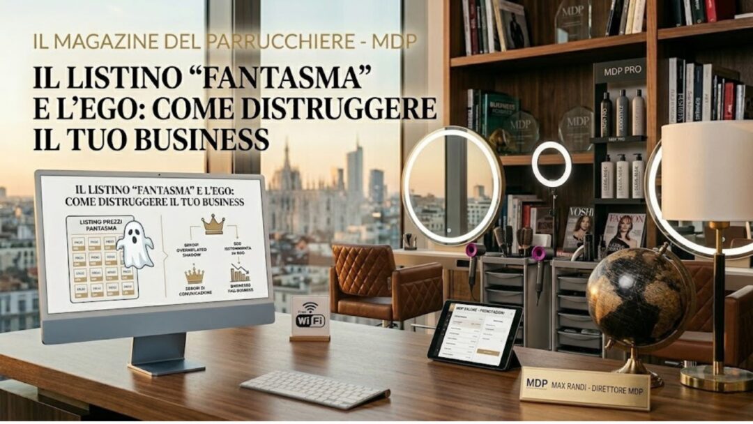 Un'inquadratura di un lussuoso studio editoriale e fotografico per parrucchieri a Milano, con vista sul Duomo al tramonto. In primo piano, una scrivania con un computer e un tablet che mostrano contenuti su gestione e prenotazioni dei saloni.