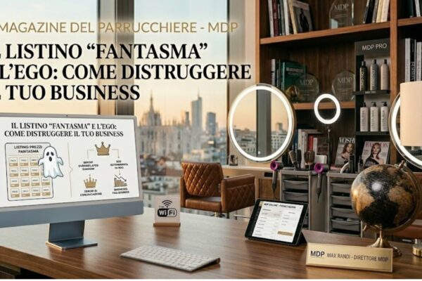 Un'inquadratura di un lussuoso studio editoriale e fotografico per parrucchieri a Milano, con vista sul Duomo al tramonto. In primo piano, una scrivania con un computer e un tablet che mostrano contenuti su gestione e prenotazioni dei saloni.