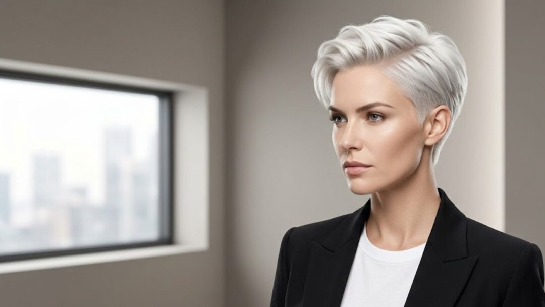 Primo piano di una donna con taglio corto Power Pixie platino, basette affilate e nuca sfumata, vestita con un blazer nero professionale.