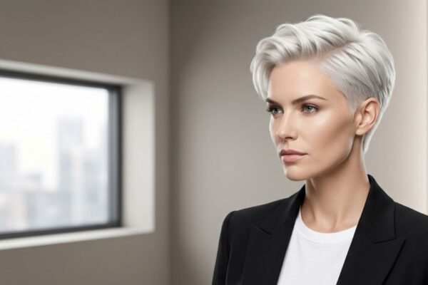 Primo piano di una donna con taglio corto Power Pixie platino, basette affilate e nuca sfumata, vestita con un blazer nero professionale.