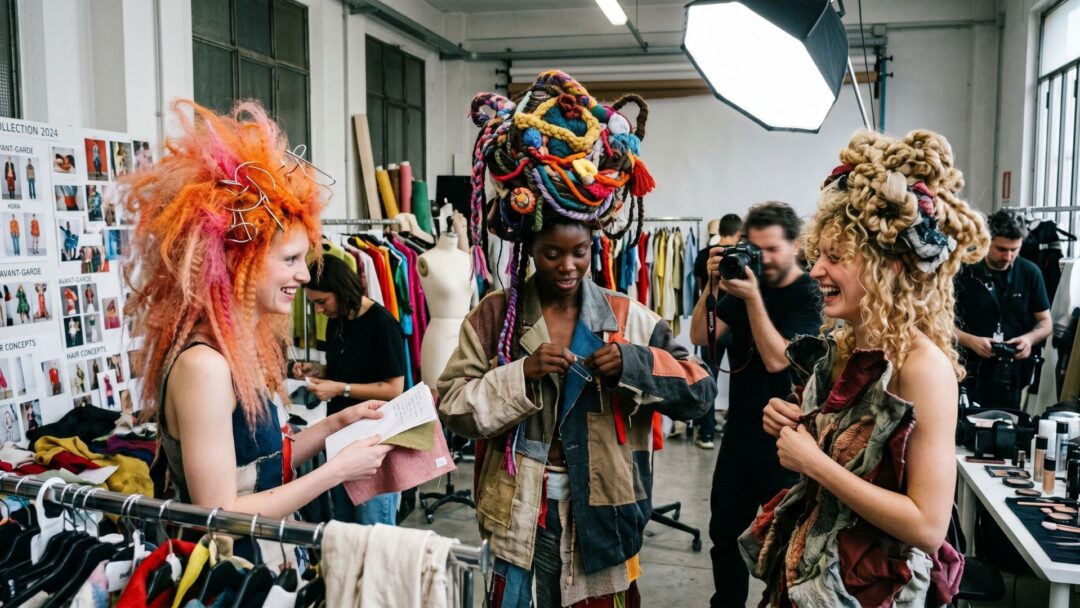 Tre modelle nel backstage di un servizio fotografico di moda mentre sfoggiano acconciature artistiche d'avanguardia. A sinistra, capelli rosa con spille da balia; al centro, un enorme copricapo di filati multicolori; a destra, capelli scultorei in tessuto avvolto. Un fotografo è visibile sullo sfondo.