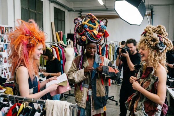 Tre modelle nel backstage di un servizio fotografico di moda mentre sfoggiano acconciature artistiche d'avanguardia. A sinistra, capelli rosa con spille da balia; al centro, un enorme copricapo di filati multicolori; a destra, capelli scultorei in tessuto avvolto. Un fotografo è visibile sullo sfondo.