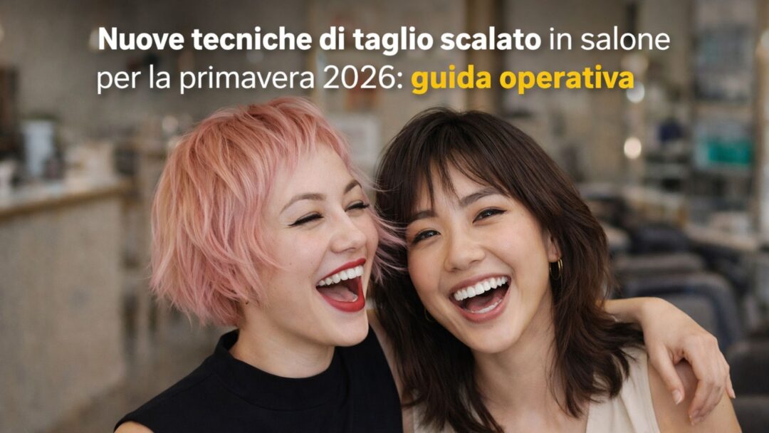 Due modelle sorridenti in salone mostrano un taglio scalato moderno per la primavera 2026, capelli texturizzati e movimento naturale.