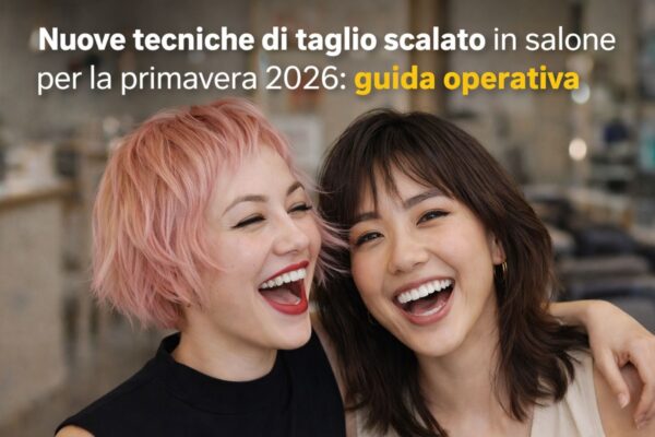 Due modelle sorridenti in salone mostrano un taglio scalato moderno per la primavera 2026, capelli texturizzati e movimento naturale.