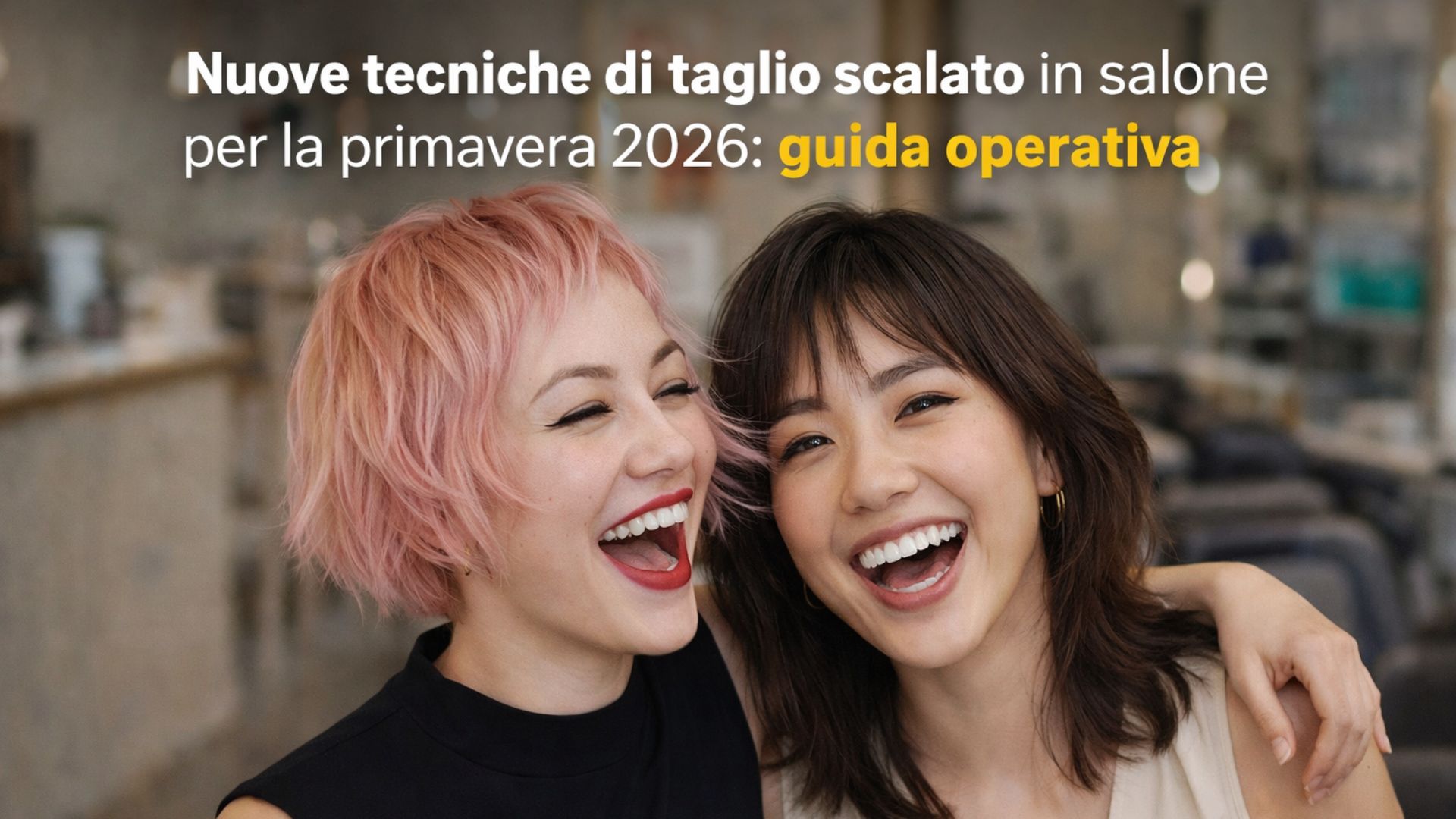 Due modelle sorridenti in salone mostrano un taglio scalato moderno per la primavera 2026, capelli texturizzati e movimento naturale.