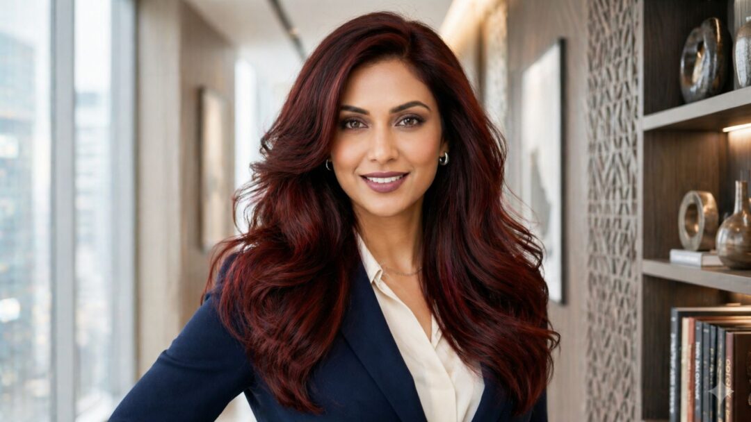 Ritratto di una donna in ambiente professionale con capelli lunghi voluminosi, taglio Butterfly Cut e colorazione Burgundy Cherry Cola.