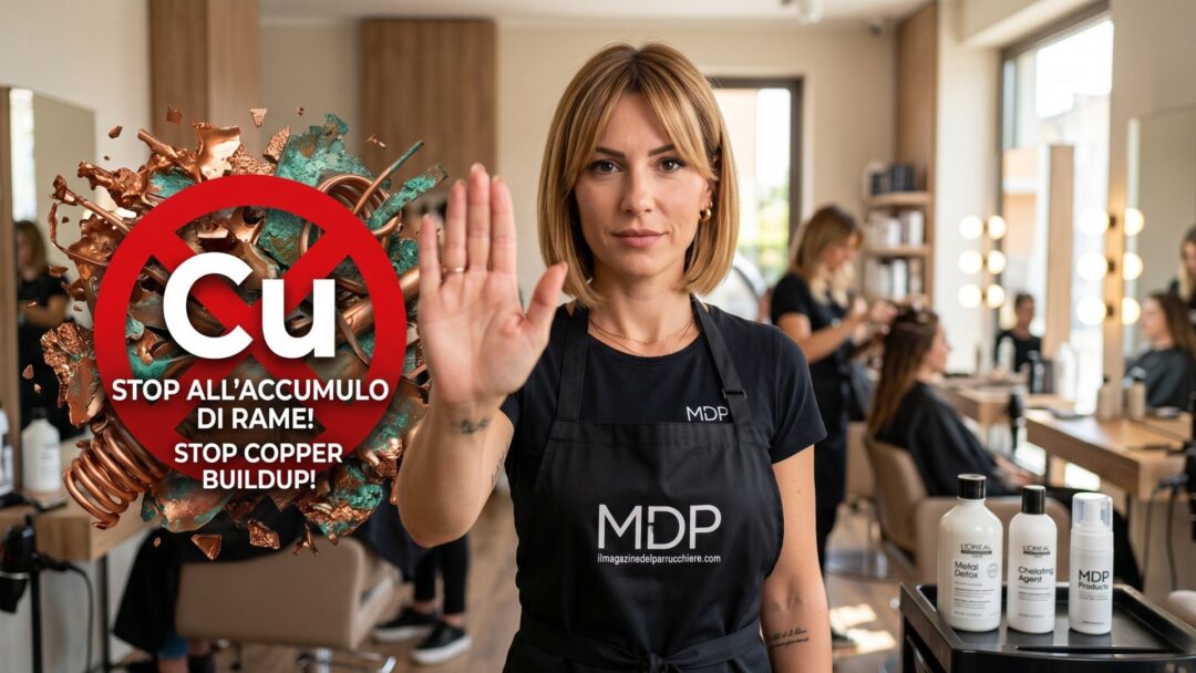 Una parrucchiera bionda in grembiule nero MDP fa un gesto di "stop" con la mano aperta di fronte a un'astrazione metallica di rame con un segnale di divieto rosso e Cu, e la scritta "STOP ALL'ACCUMULO DI RAME!". Sullo sfondo, un salone di bellezza con prodotti "Metal Detox".