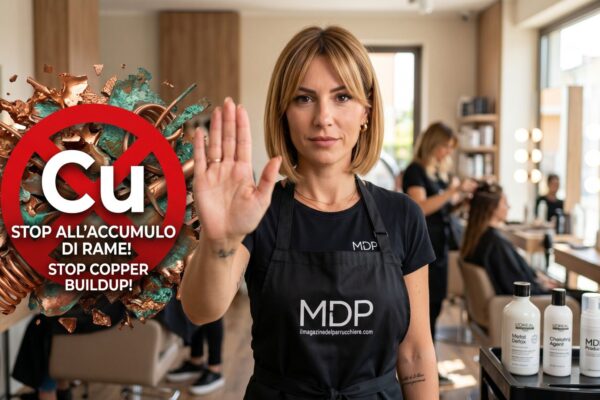 Una parrucchiera bionda in grembiule nero MDP fa un gesto di "stop" con la mano aperta di fronte a un'astrazione metallica di rame con un segnale di divieto rosso e Cu, e la scritta "STOP ALL'ACCUMULO DI RAME!". Sullo sfondo, un salone di bellezza con prodotti "Metal Detox".