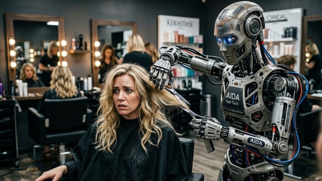 Un robot umanoide metallico con occhi blu luminosi usa forbici e pettine per tagliare i capelli a una cliente visibilmente spaventata all'interno di un salone moderno.