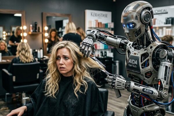 Un robot umanoide metallico con occhi blu luminosi usa forbici e pettine per tagliare i capelli a una cliente visibilmente spaventata all'interno di un salone moderno.