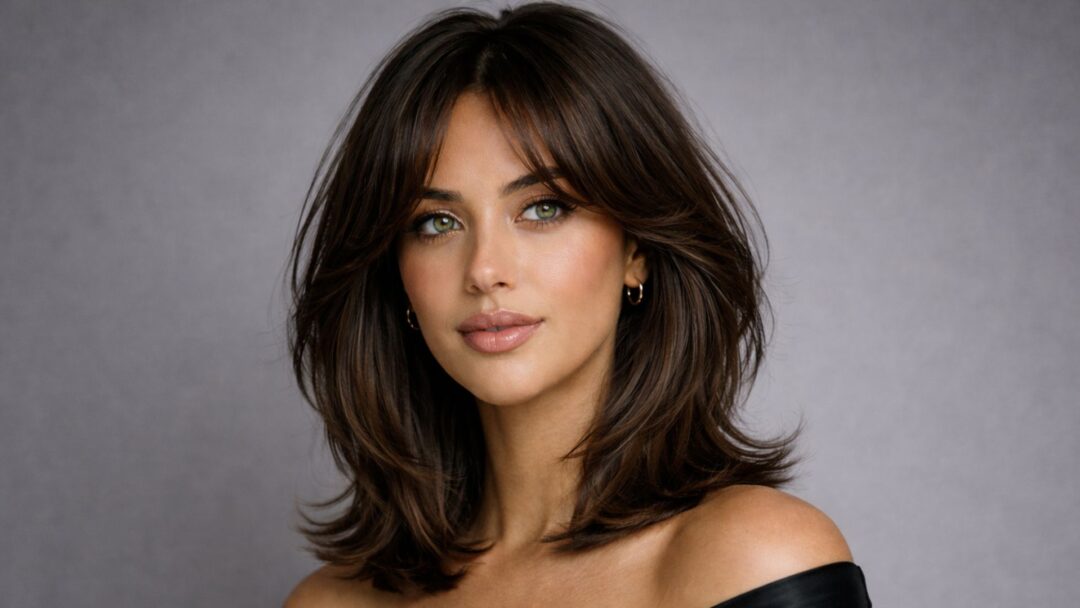 A professional beauty portrait featuring a woman with striking green eyes, dark brown skin with warm undertones, small gold hoop earrings, glossy nude-brown lips, and a voluminous, layered dark brown 'butterfly' cut with curtain bangs that frame her face. The view is a tight, direct-to-camera close-up of her face and shoulders.
