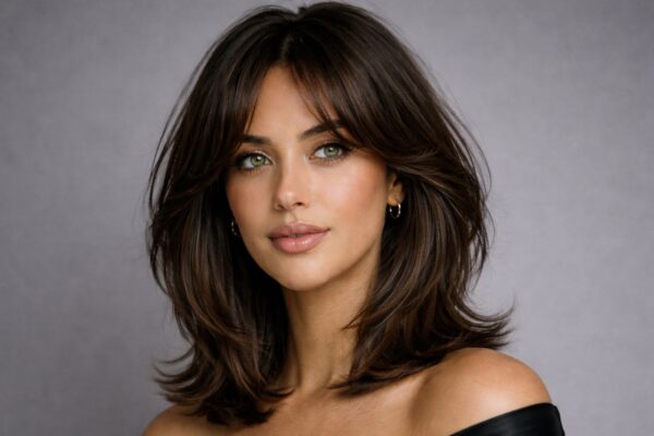 A professional beauty portrait featuring a woman with striking green eyes, dark brown skin with warm undertones, small gold hoop earrings, glossy nude-brown lips, and a voluminous, layered dark brown 'butterfly' cut with curtain bangs that frame her face. The view is a tight, direct-to-camera close-up of her face and shoulders.