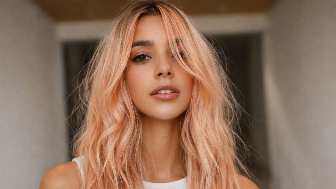 Professional model showcasing pastel peach blonde hair with soft waves, Spring 2026 hair color trend.