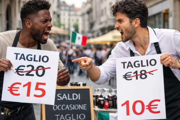 Due parrucchieri, uno italiano e uno straniero afrodiscendente, litigano in strada mostrando cartelli con prezzi dei tagli sempre più bassi, simbolo della guerra dei prezzi nel settore.