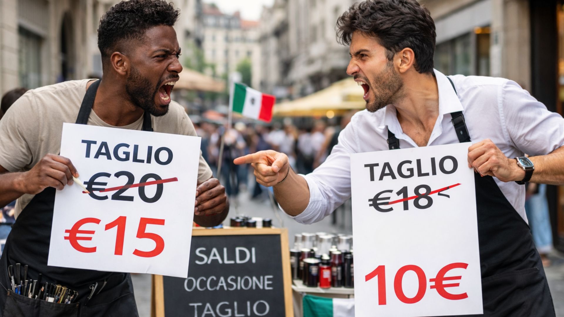 Due parrucchieri, uno italiano e uno straniero afrodiscendente, litigano in strada mostrando cartelli con prezzi dei tagli sempre più bassi, simbolo della guerra dei prezzi nel settore.