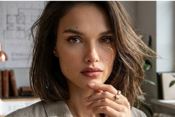 Donna con taglio Kitty Cut castano dorato, scalature morbide e styling voluminoso, ritratto iper-realistico in formato 16:9.