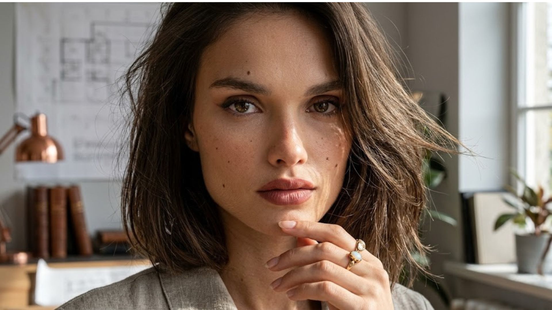 Donna con taglio Kitty Cut castano dorato, scalature morbide e styling voluminoso, ritratto iper-realistico in formato 16:9.