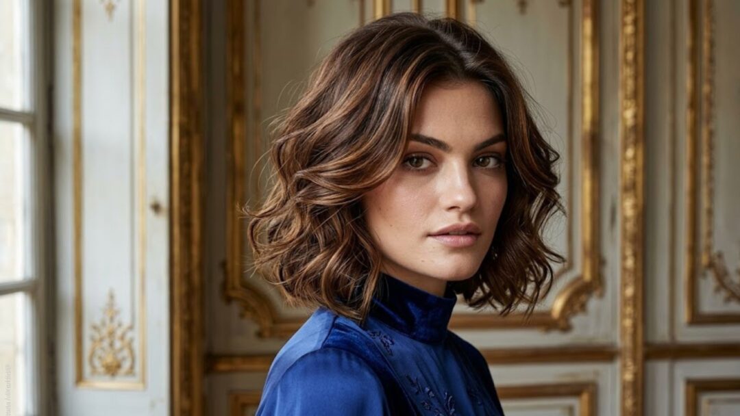 A woman with a shoulder-length wavy bob in chestnut brown with caramel highlights, wearing a blue velvet high-neck dress.
