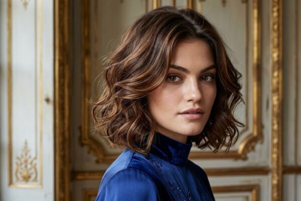 A woman with a shoulder-length wavy bob in chestnut brown with caramel highlights, wearing a blue velvet high-neck dress.