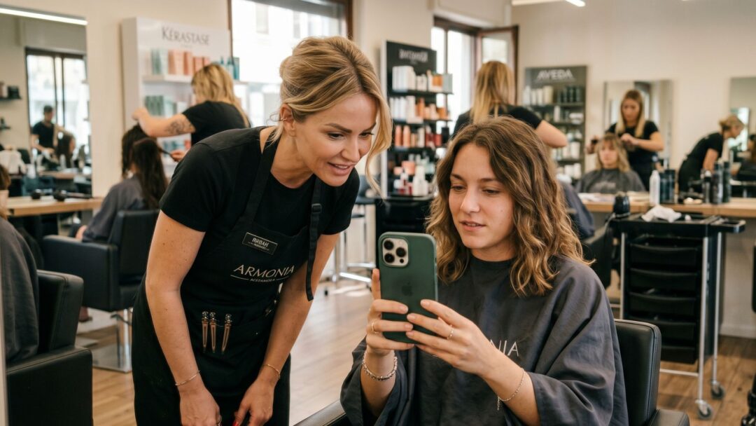 A blonde hair stylist wearing a black apron with the "ARMONIA" logo is leaning over to look at a green iPhone held by a brunette client who is sitting in a salon chair and wearing a dark grey drape. They are both looking at the screen with interested expressions. The background is a busy professional hair salon with other stylists, clients, and product shelves.