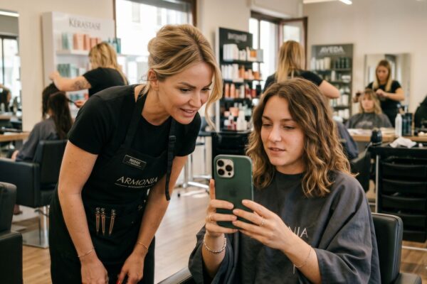 A blonde hair stylist wearing a black apron with the "ARMONIA" logo is leaning over to look at a green iPhone held by a brunette client who is sitting in a salon chair and wearing a dark grey drape. They are both looking at the screen with interested expressions. The background is a busy professional hair salon with other stylists, clients, and product shelves.