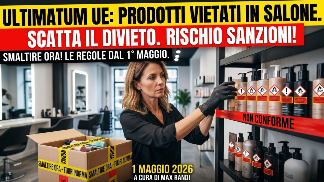 Immagine dell'articolo: parrucchiera che rimuove prodotti cosmetici vietati UE da uno scaffale in salone, con scatola di smaltimento in primo piano e titoli d'avvertimento su sanzioni e divieti.
