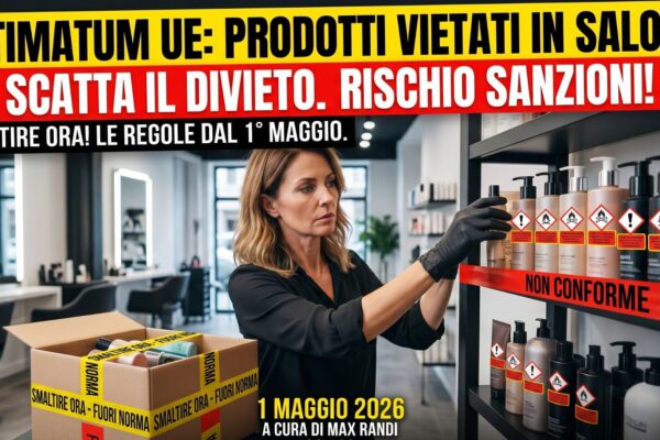 Immagine dell'articolo: parrucchiera che rimuove prodotti cosmetici vietati UE da uno scaffale in salone, con scatola di smaltimento in primo piano e titoli d'avvertimento su sanzioni e divieti.