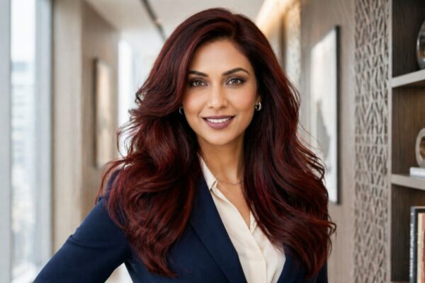 Ritratto di una donna in ambiente professionale con capelli lunghi voluminosi, taglio Butterfly Cut e colorazione Burgundy Cherry Cola.