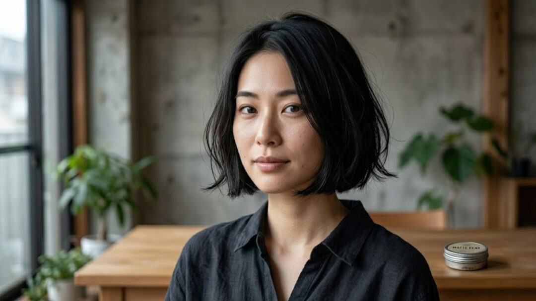 Ritratto fotografico di una giovane donna asiatica con capelli neri corti a caschetto, che indossa una camicia di lino nera, seduta a un tavolo di legno. Lo sfondo è un interno moderno e luminoso con un muro di cemento a vista e piante in vaso.