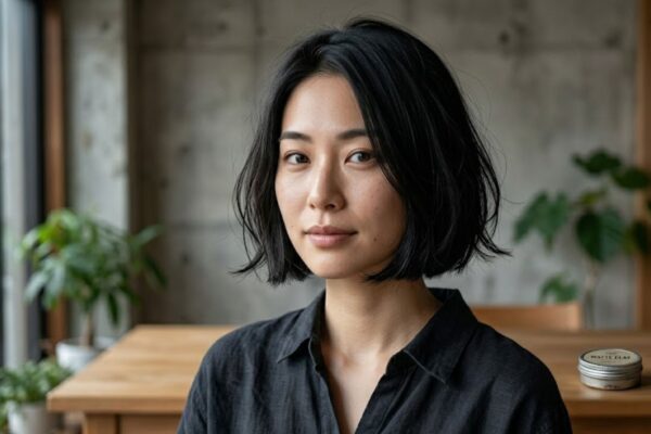 Ritratto fotografico di una giovane donna asiatica con capelli neri corti a caschetto, che indossa una camicia di lino nera, seduta a un tavolo di legno. Lo sfondo è un interno moderno e luminoso con un muro di cemento a vista e piante in vaso.