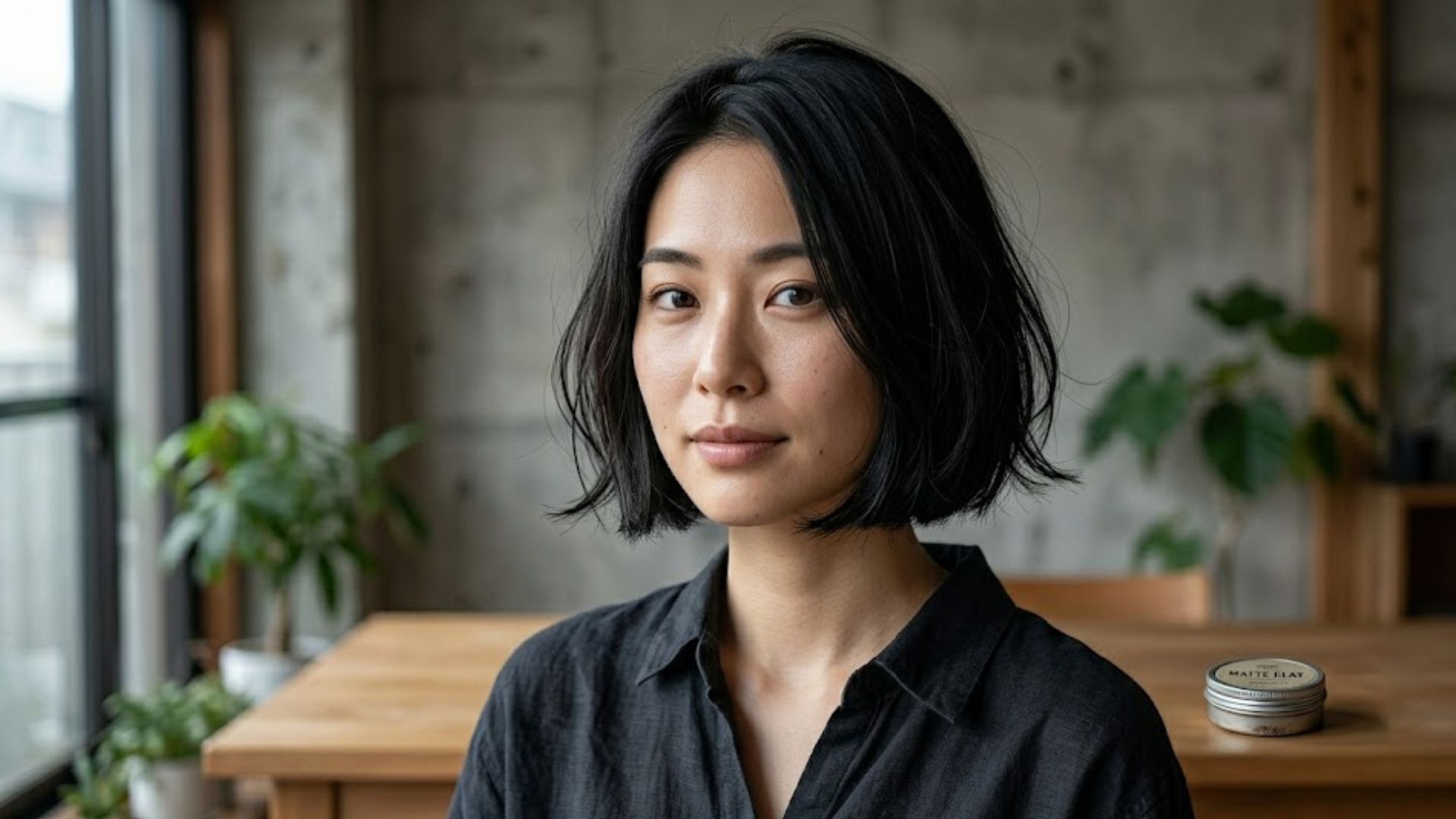 Ritratto fotografico di una giovane donna asiatica con capelli neri corti a caschetto, che indossa una camicia di lino nera, seduta a un tavolo di legno. Lo sfondo è un interno moderno e luminoso con un muro di cemento a vista e piante in vaso.