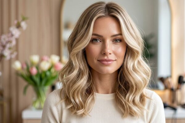 Primo piano di una modella con capelli biondo Vanilla Chai, riflessi cremosi e luminosi, tendenza colore Pasqua 2026.