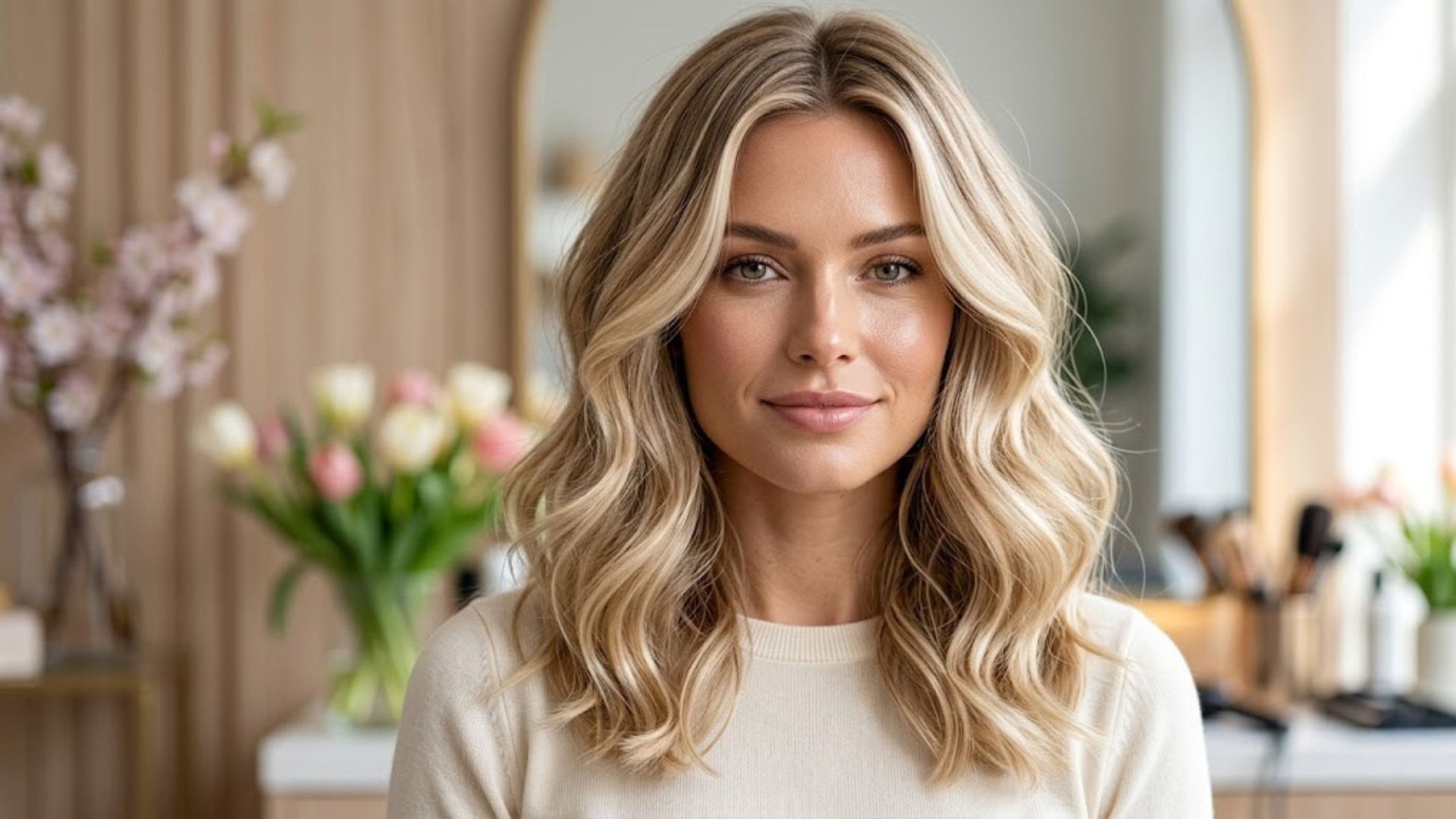 Primo piano di una modella con capelli biondo Vanilla Chai, riflessi cremosi e luminosi, tendenza colore Pasqua 2026.