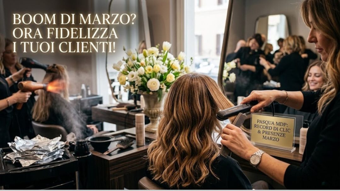 Interno di un salone di parrucchiere lussuoso e affollato durante il sabato di Pasqua, con hairstylist al lavoro su una cliente e un bouquet di fiori primaverili sullo sfondo.
