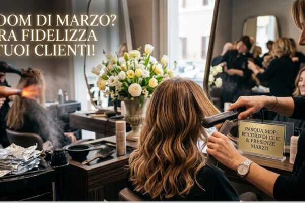 Interno di un salone di parrucchiere lussuoso e affollato durante il sabato di Pasqua, con hairstylist al lavoro su una cliente e un bouquet di fiori primaverili sullo sfondo.