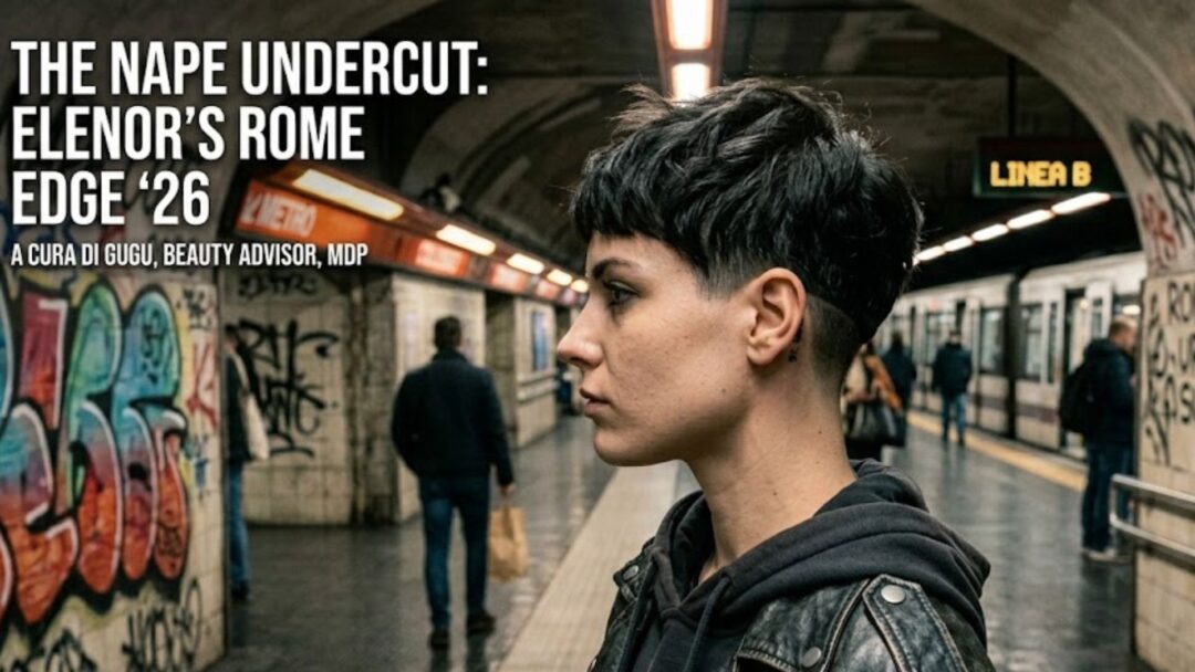 Modella con taglio corto Nape Undercut tecnico, vista laterale e posteriore in una stazione metropolitana underground di Roma. La nuca presenta una sfumatura millimetrica di precisione con tatuaggi minimalisti. Atmosfera urban ed editoriale.