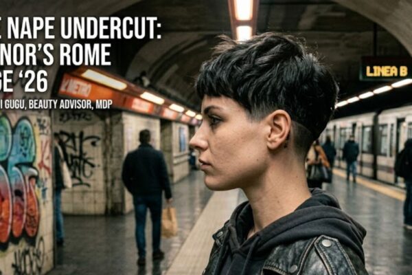 Modella con taglio corto Nape Undercut tecnico, vista laterale e posteriore in una stazione metropolitana underground di Roma. La nuca presenta una sfumatura millimetrica di precisione con tatuaggi minimalisti. Atmosfera urban ed editoriale.