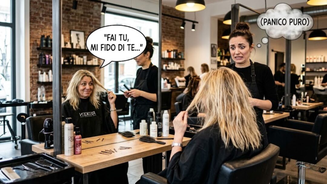 Immagine ironica ed iper-realistica ambientata in un salone di parrucchiere moderno. Una cliente bionda seduta davanti allo specchio dice, tramite un fumetto: "FAI TU, MI FIDO DI TE...". Dietro di lei, la sua parrucchiera ha un'espressione di terrore puro, con un fumetto che recita: "(PANICO PURO)". Il salone è dettagliato con prodotti di marca sul bancone.