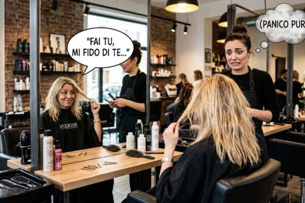Immagine ironica ed iper-realistica ambientata in un salone di parrucchiere moderno. Una cliente bionda seduta davanti allo specchio dice, tramite un fumetto: "FAI TU, MI FIDO DI TE...". Dietro di lei, la sua parrucchiera ha un'espressione di terrore puro, con un fumetto che recita: "(PANICO PURO)". Il salone è dettagliato con prodotti di marca sul bancone.