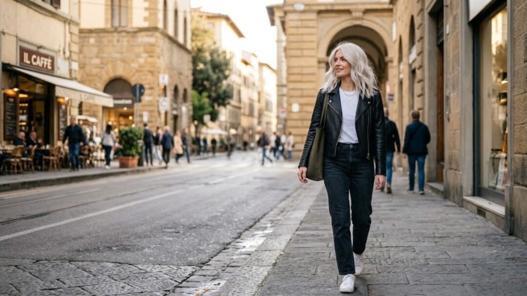 Una donna elegante con capelli biondi platinati mossi cammina sicura su un marciapiede acciottolato in una storica strada cittadina europea. Indossa una giacca di pelle nera, una t-shirt bianca, jeans scuri e sneakers bianche, con una borsa tote verde oliva. Lo sfondo mostra edifici antichi in pietra, negozi e altri pedoni.