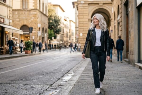 Una donna elegante con capelli biondi platinati mossi cammina sicura su un marciapiede acciottolato in una storica strada cittadina europea. Indossa una giacca di pelle nera, una t-shirt bianca, jeans scuri e sneakers bianche, con una borsa tote verde oliva. Lo sfondo mostra edifici antichi in pietra, negozi e altri pedoni.