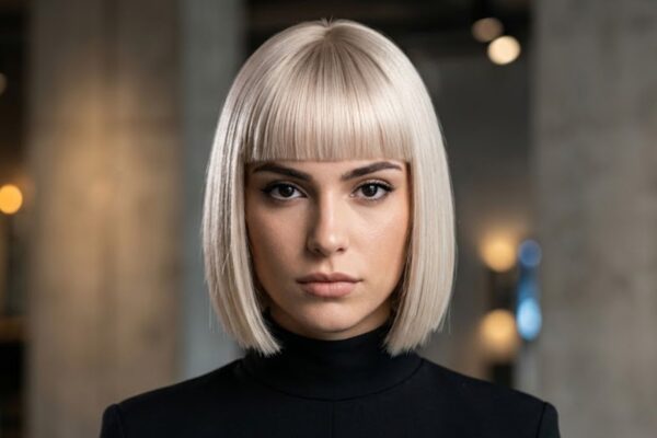 Primo piano iper-realistico di una modella con taglio Sharp Fringe millimetrico e colore biondo perla, con sguardo intenso e sfondo studio professionale.